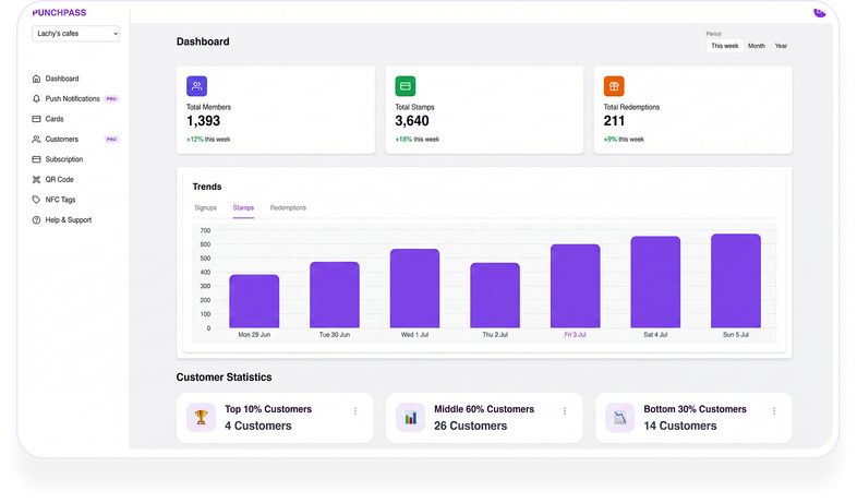 The PunchPass customer dashboard showing stats and a visits chart