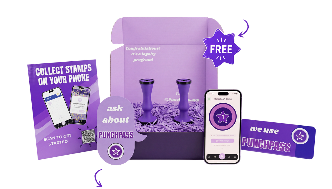 The PunchPass free kit: NFC stamper, branded box and a phone showing a digital loyalty card