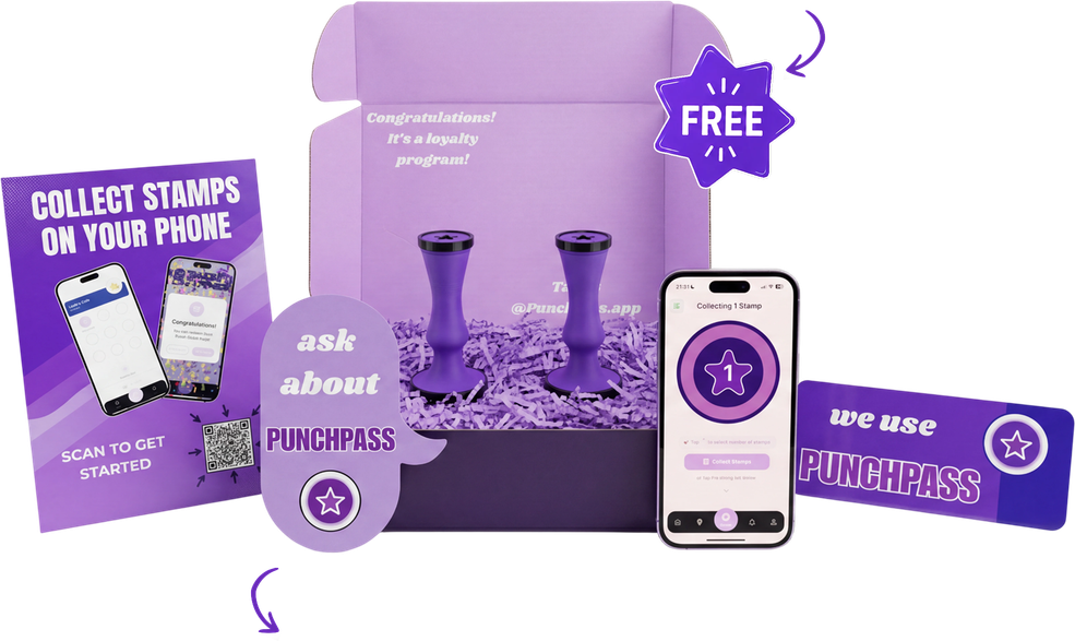 The PunchPass free kit: NFC stamper, branded box and a phone showing a digital loyalty card