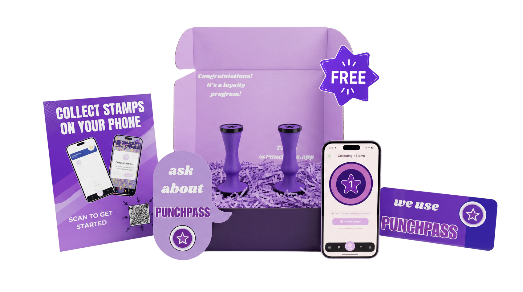 The PunchPass free kit: branded box, NFC stamper, a phone showing the app, a tablet showing the dashboard, and a free badge