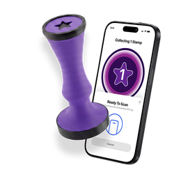 The purple PunchPass NFC stamper beside a phone showing the digital loyalty card